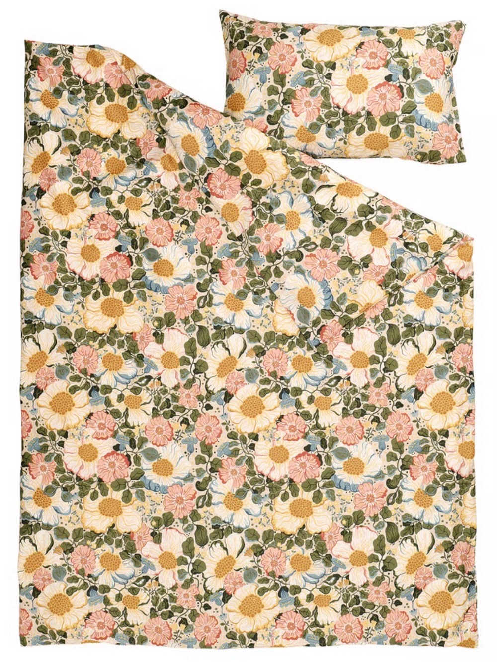 Floral Garden Cotton Duvet Cover Set - Cream, Pink & Green